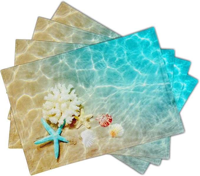 Giwawa Ocean Starfish Placemats Set of 4, Nautical Seashell Coral Coastal Linen - Image 2