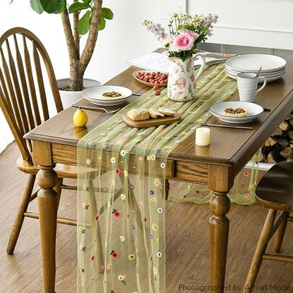 Artoid Mode Green Embroidery Daisy Gauze Table Runner 120 Inch 10FT, Seasonal - Image 5