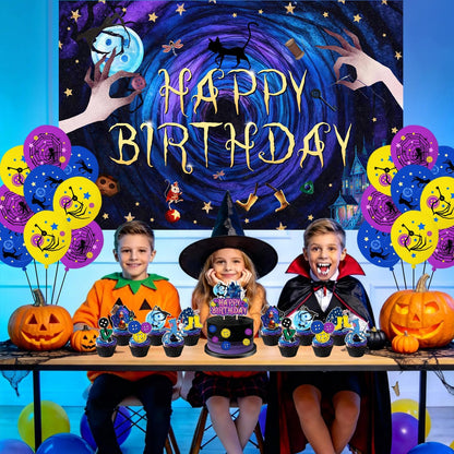 40Pcs Horror Birthday Party Decorations Blue Purple Theme Birthday Party Supplies Including Banner Hanging Swirls Balloons Backdrop Cake Toppers and Cupcake Toppers for Halloween Parties Decorations