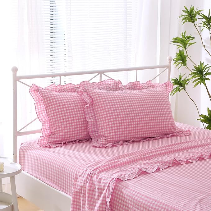 2 Pack Pink White Plaid Ruffle Gingham Standard Pillow Covers, 100% Washed - Image 2