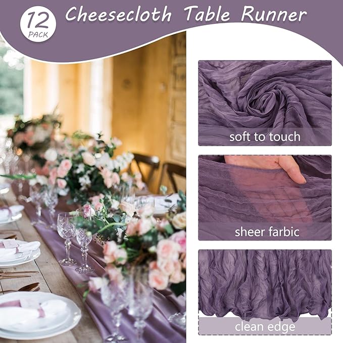 Fivenl 12 Pack Grape Cheesecloth Boho Gauze Table Runner 35x72 Inch Rustic - Image 4