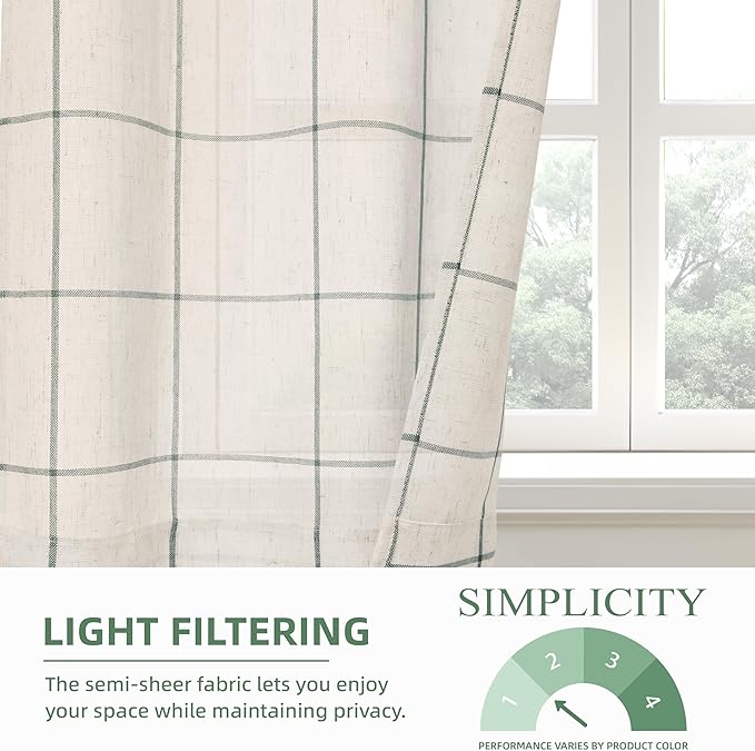 DriftAway Kitchen Curtains Striped Tier Linen Short Curtains Windowpane Plaid - Image 4