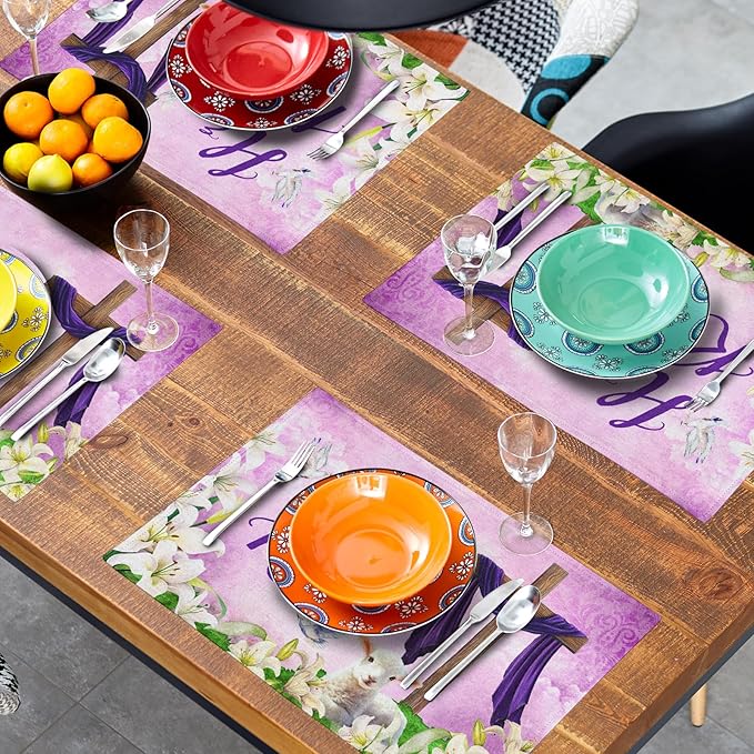 Giwawa He is Risen Placemats, Easter Cross Lamb Linen Washable Place Mat - Image 8