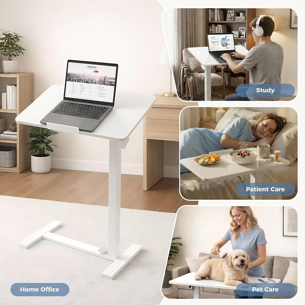 DUMOS Overbed Table with Wheels, Height-Adjustable Bedside Table, White