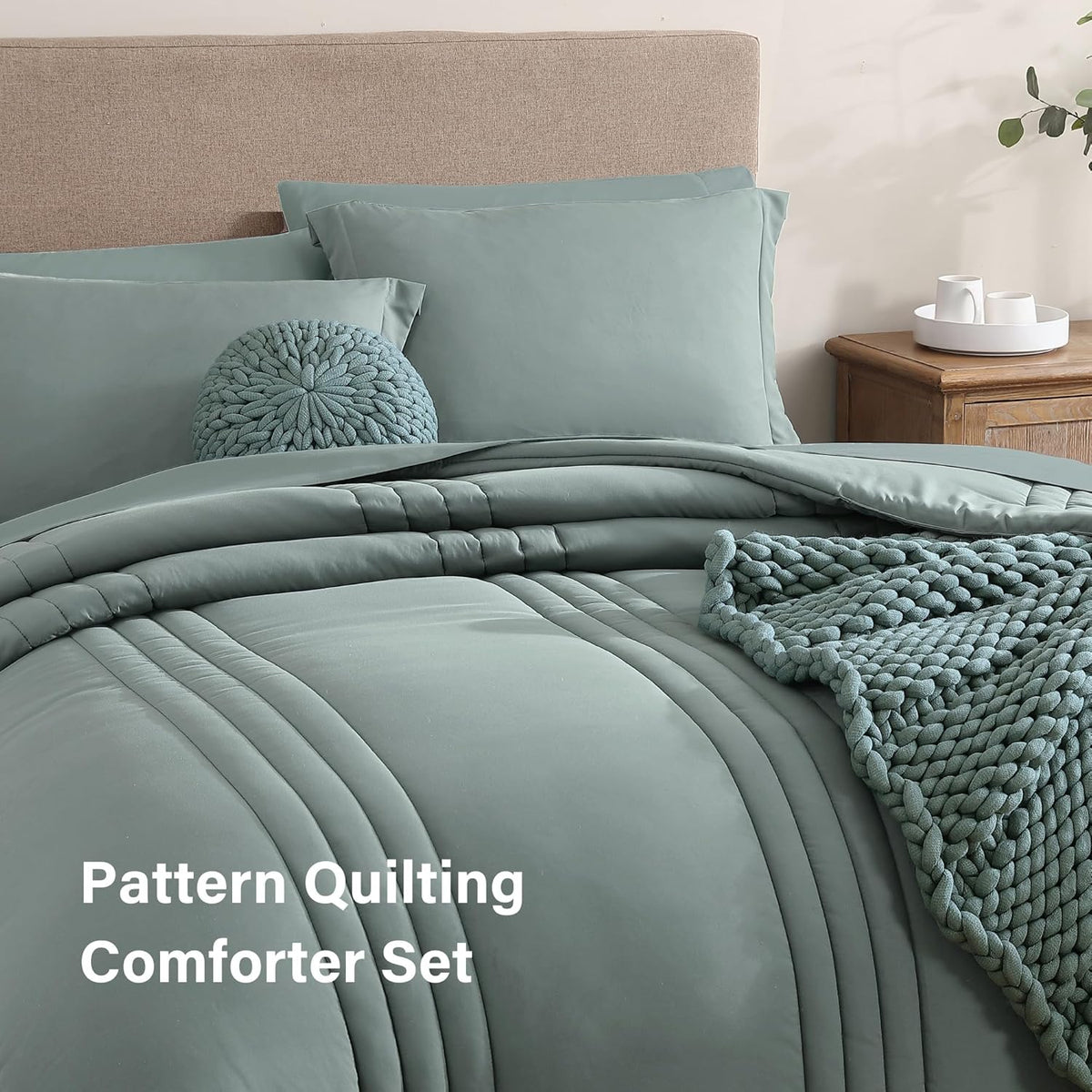 full size comforter sets-7 pieces sage soft bed, side view