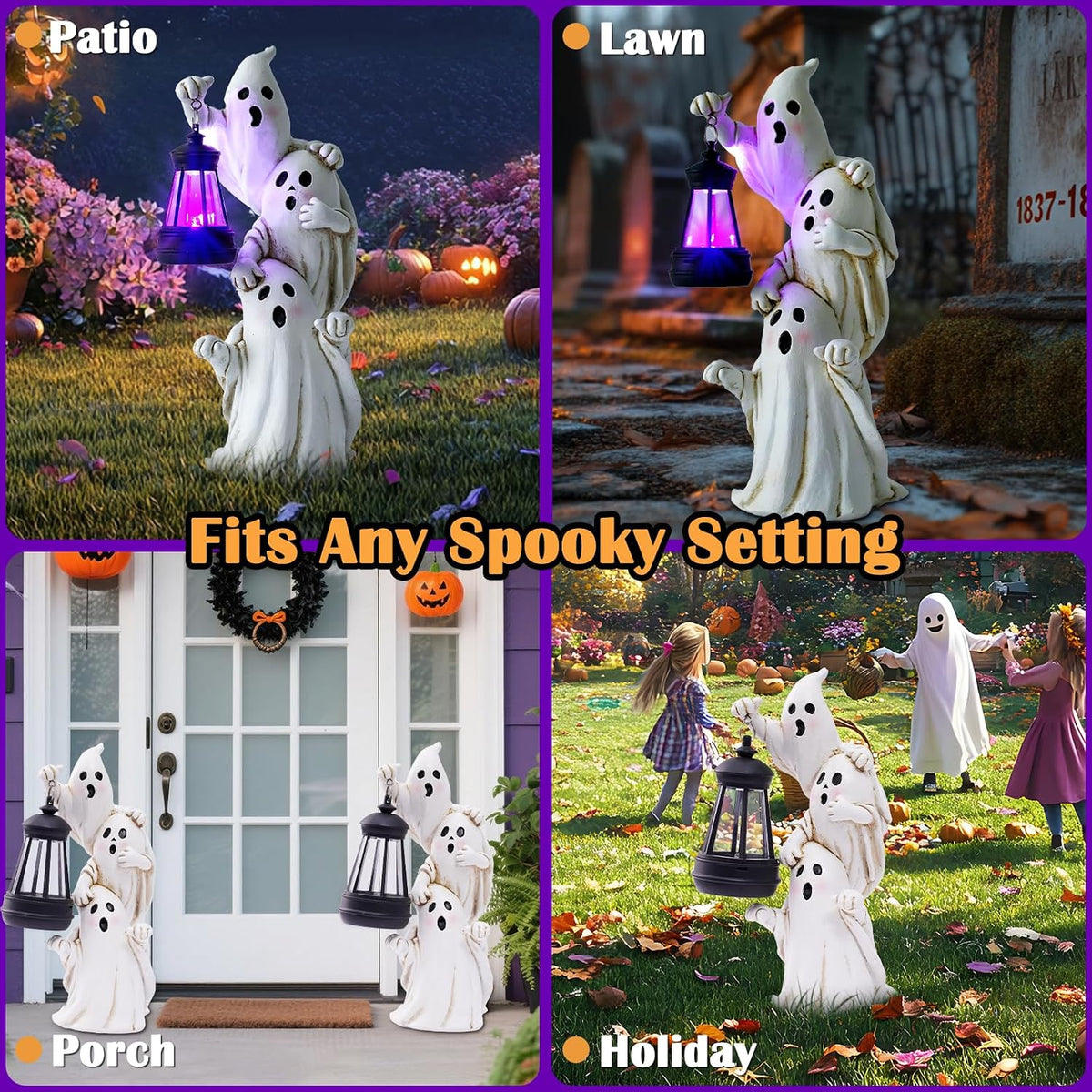 twinbling Triple Ghosts Halloween Decorations Outdoor with Solar Lantern,Cute Spooky Halloween Ghost Figurines,Ghost Decor Outside Decor for Yards Porches Gardens Lawn Party