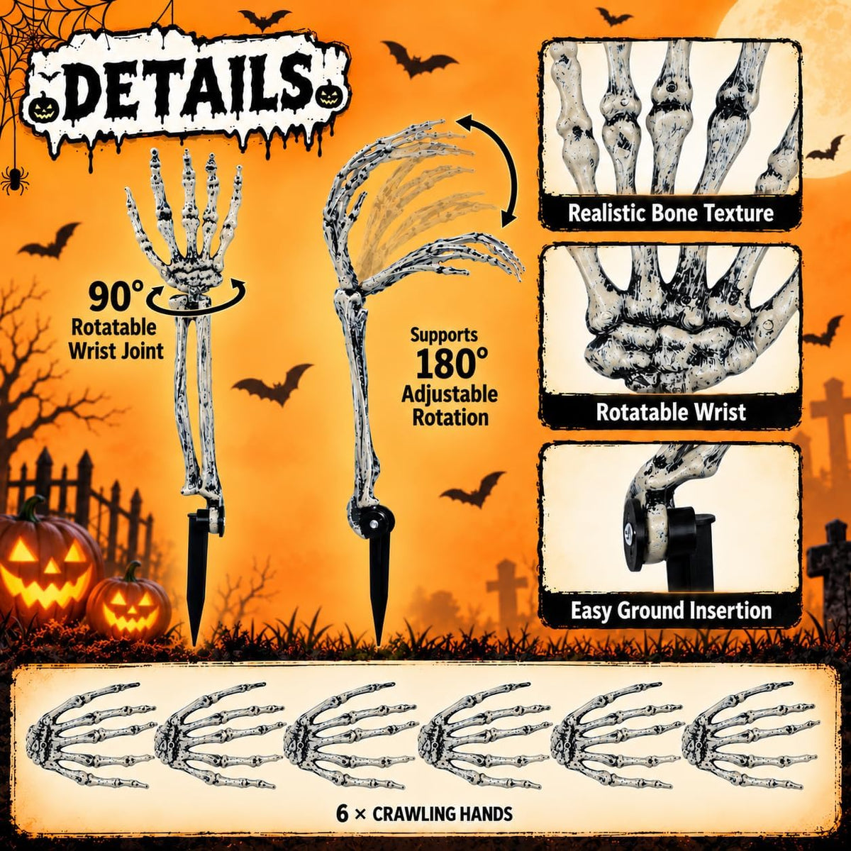 12 PCS Halloween Skeleton Hands Arms Stakes, Realistic Groundbreaker Skeleton Hands with Stakes, Outdoor Halloween Decorations for Lawn, Graveyard, Garden, Tombstones, Haunted House Home Yard Decor