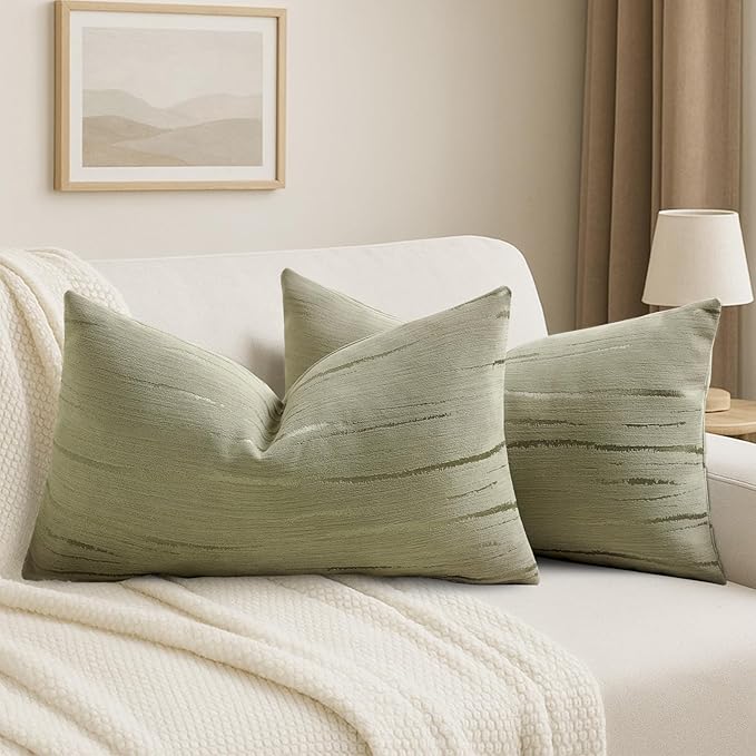 HAUSSY Olive Green Throw Pillow Covers 12x20 Inch Set of 2, Boho Embossed by HAUSSY