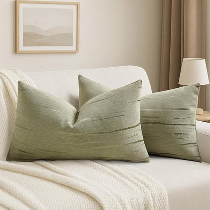 HAUSSY Olive Green Throw Pillow Covers 12x20 Inch Set of 2, Boho Embossed by HAUSSY