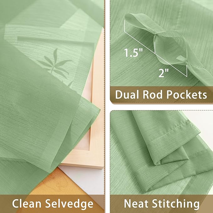 Sage Green Sheer Curtains 72 Inches Long, Privacy Semi Sheer Curtains - Image 5