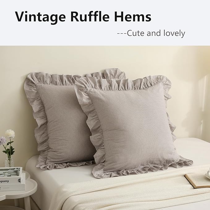 Aryeleay 2 Pack Brown White Plaid Gingham Ruffle Pillow Shams, 100% Washed - Image 3