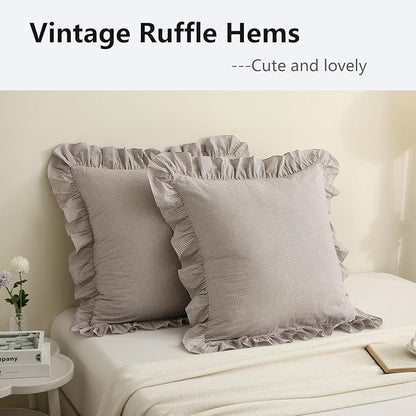 Aryeleay 2 Pack Brown White Plaid Gingham Ruffle Pillow Shams, 100% Washed - Image 3