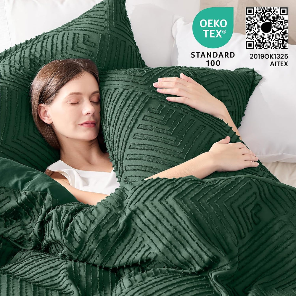 JOLLYVOGUE Emerald Green King Size Comforter Set, Boho Tufted Bedding Set 3-P...