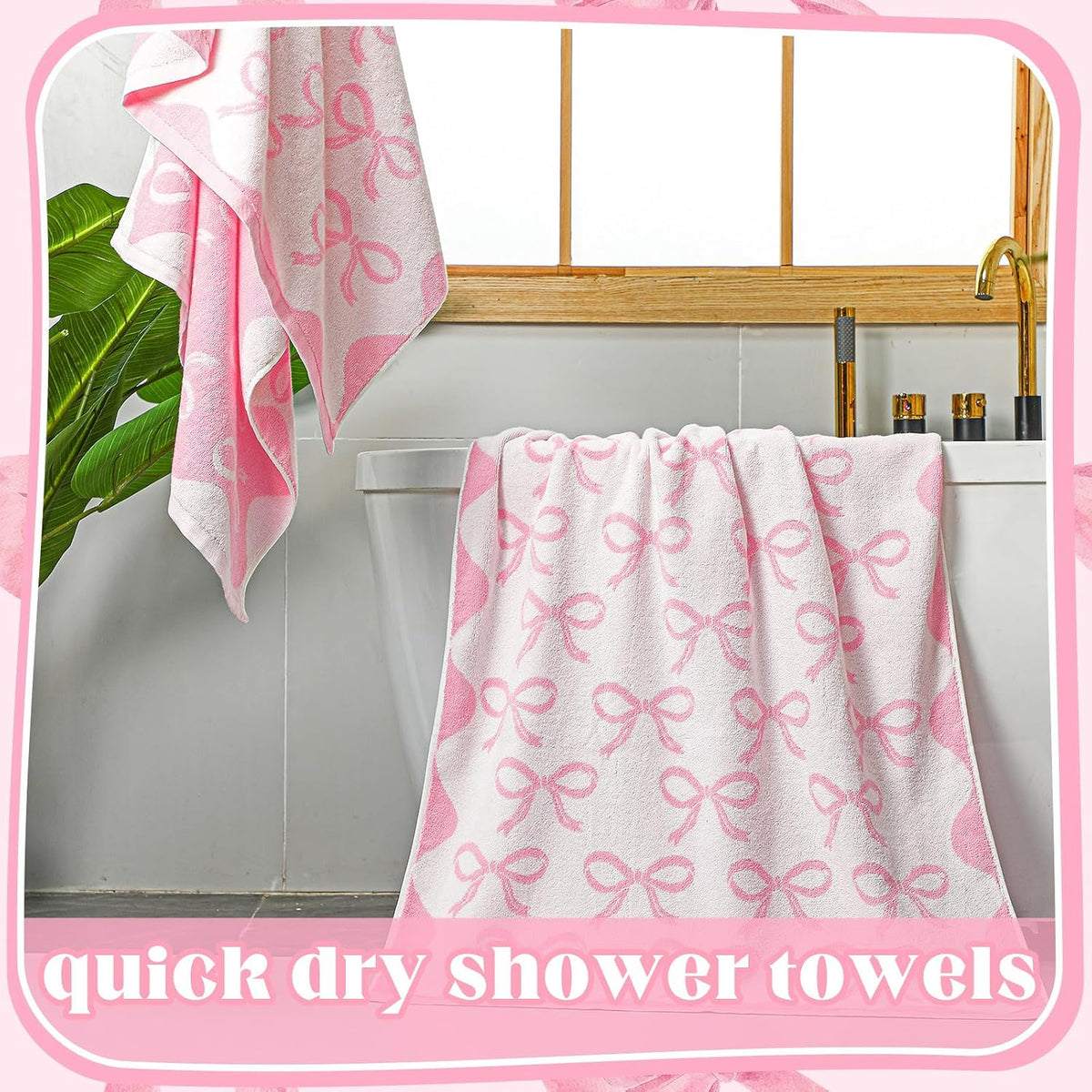 pink bow towel, 28 x 55 in 100% on a desk or shelf