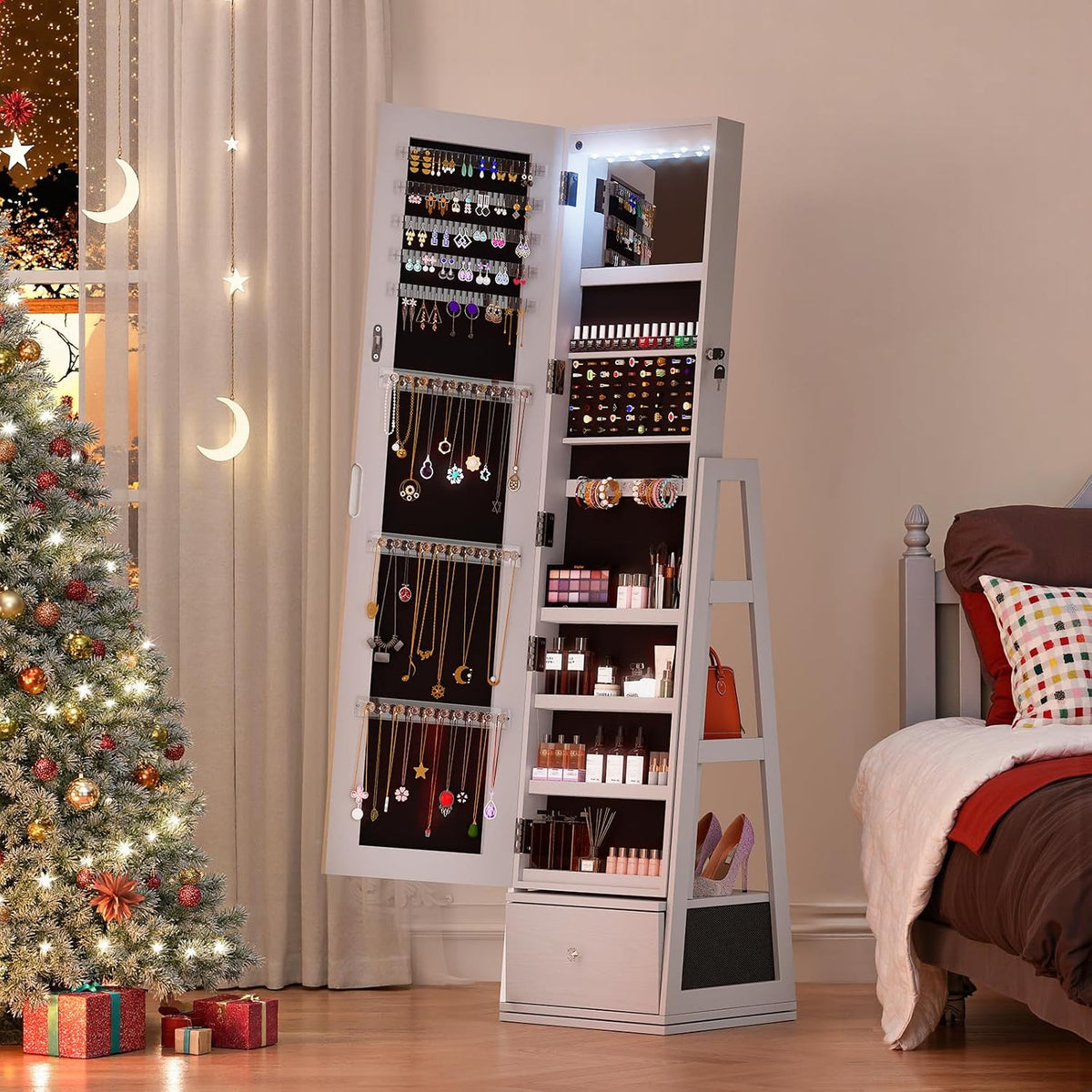 rotatable 6 leds jewelry armoire with drawer, white on a desk or shelf