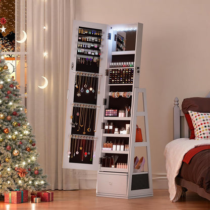 rotatable 6 leds jewelry armoire with drawer, white on a desk or shelf