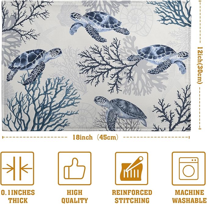 Coastal Beach Placemats Set of 4 Nautical Theme Coral Sea Turtle Navy Blue - Image 4