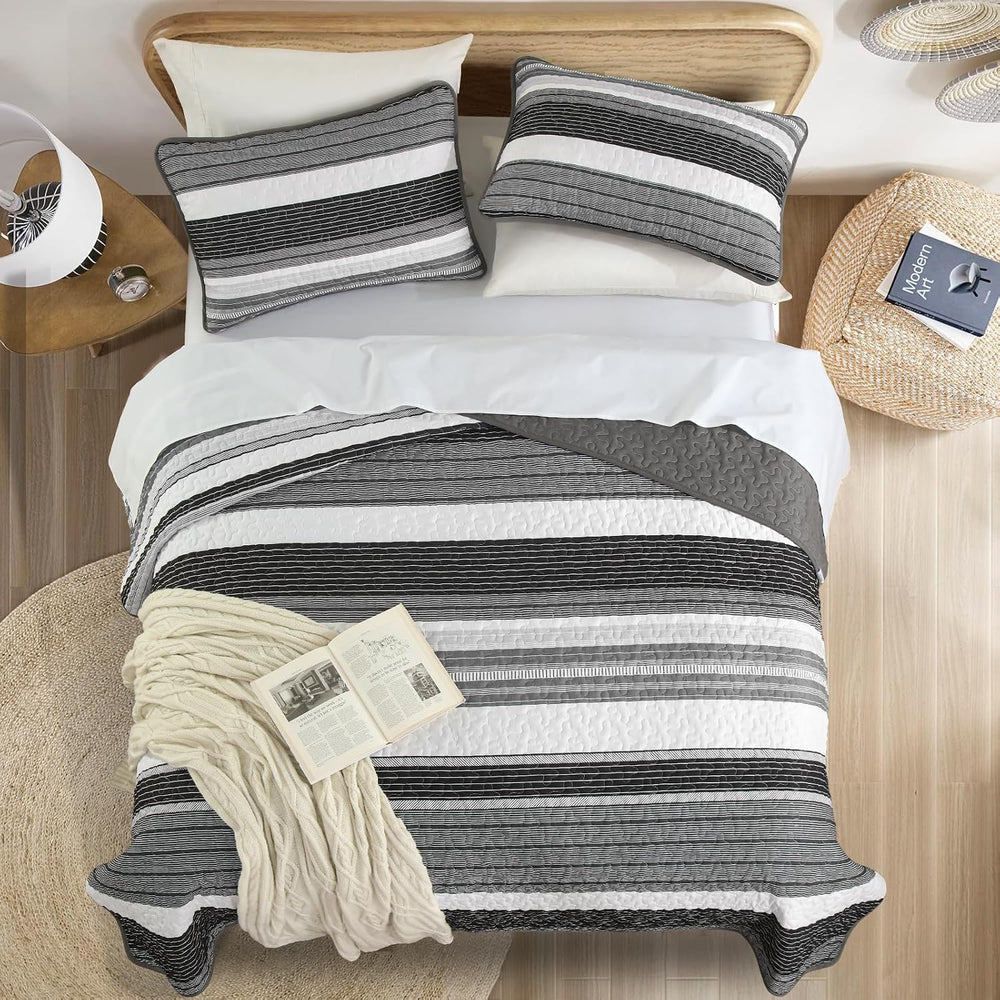 Djoymock Quilt Set Full Size, 3 Pieces Patchwork Striped Bedding Set, Grey