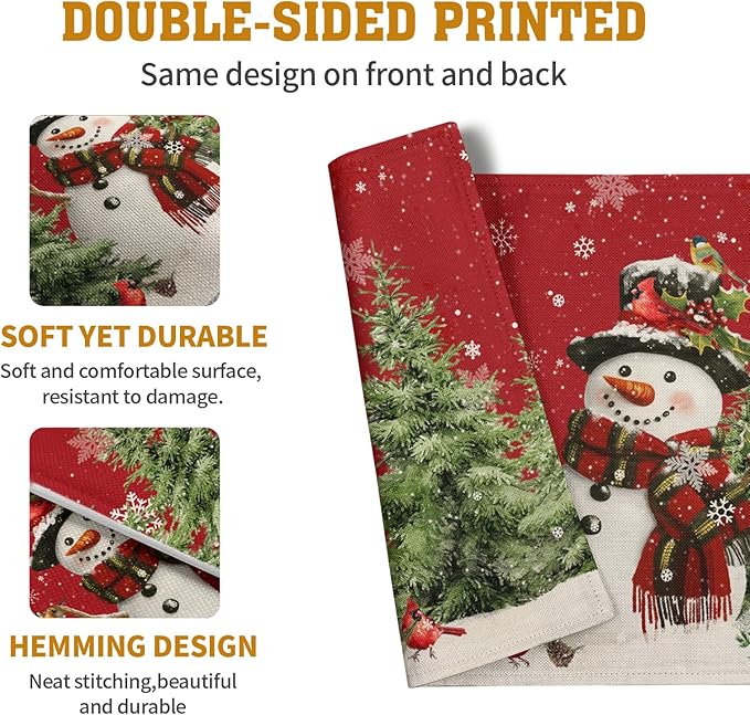 Snowman Christmas Red Placemats Set of 4 Xmas Tree Cardinal Snowflakes Linen - Image 5
