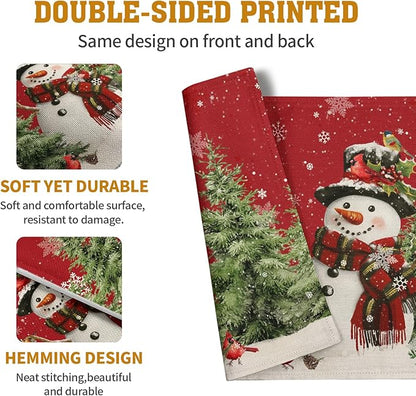Snowman Christmas Red Placemats Set of 4 Xmas Tree Cardinal Snowflakes Linen - Image 5