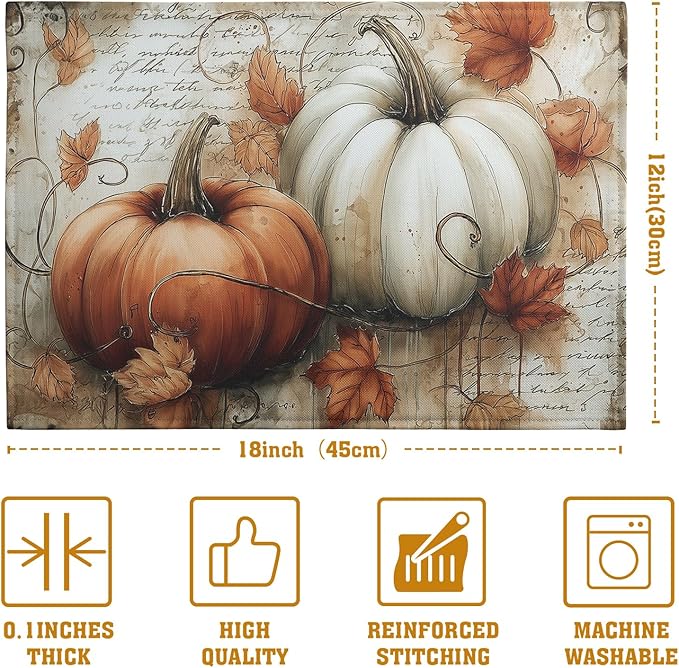 Fall Vintage Pumpkin Leaves Placemats Set of 4 Autumn Thanksgiving Harvest - Image 4