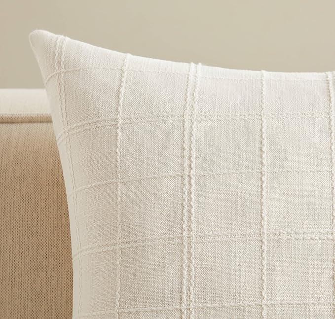 ZeeMart Linen Checked Throw Pillow Covers Set of 2, 18x18 Inch Ivory/Cream - Image 2