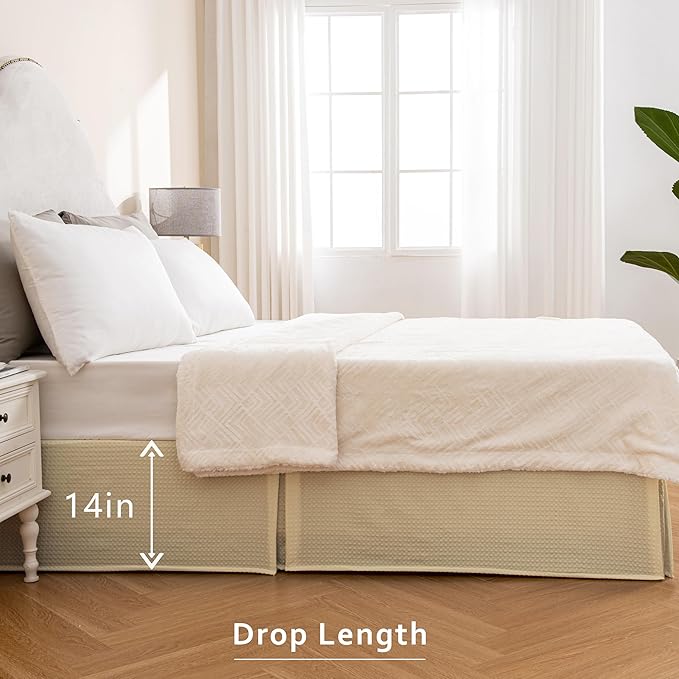MIYE Pleated Waffle Weave Bed Skirt, Tailored Dust Ruffle 14 Inch Drop Easy Fit - Image 5