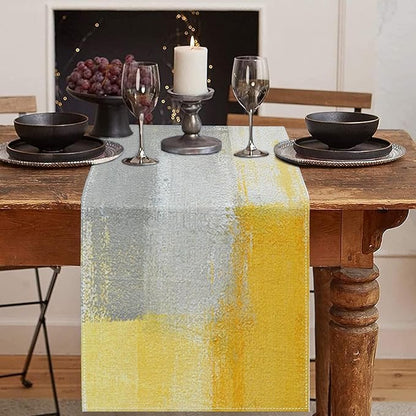 Emvency Yellow Abstract Table Runner, Modern Grey White Art Painting by Emvency