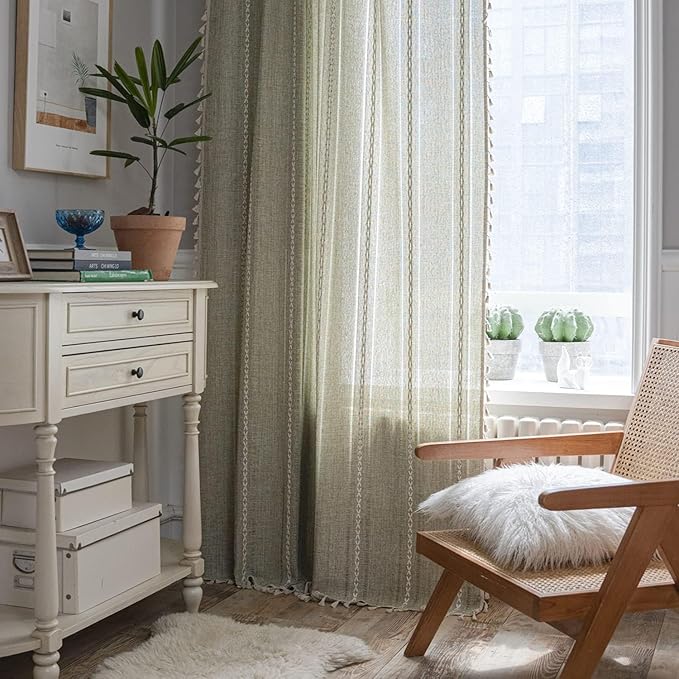 ColorBird Boho Curtains for Living Bedroom Dining Room Sage Green Farmhouse 84 - Image 2