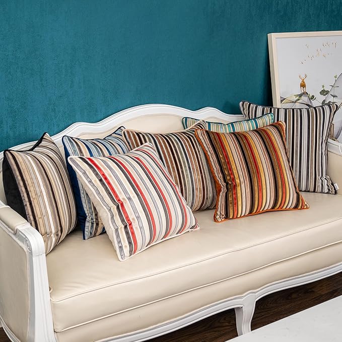 Yangest Beige Striped Throw Pillow Cover Multicolor Velvet Cushion Cover Modern - Image 7