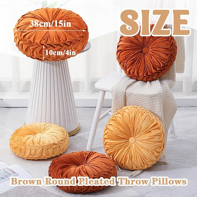 4 Pcs Round Throw Pillows Decorative Velvet Pleated Throw Pillows 15'' Diameter - Image 2