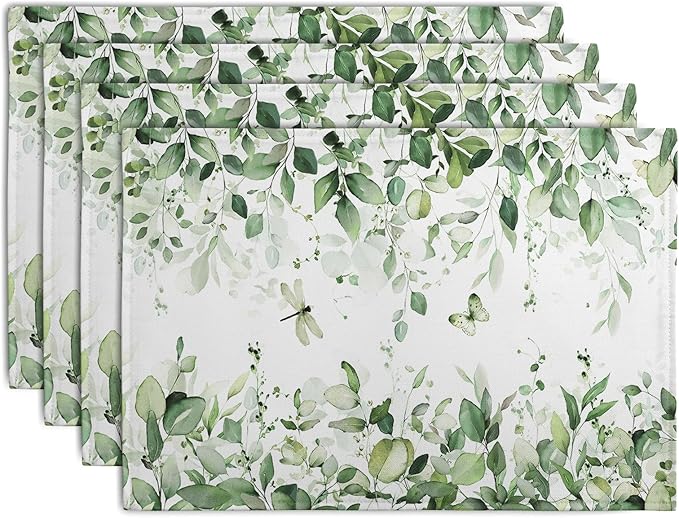 Sage Green Leaf Placemats Set of 4 Eucalyptus Leaves Place Mats 12×18 Inch by Wnoesat