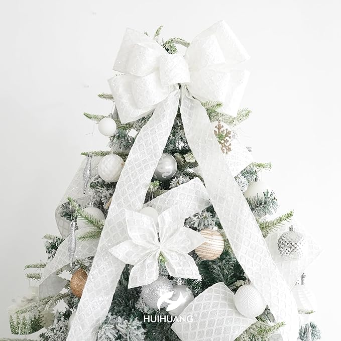 HUIHUANG White Christmas Ribbon 4 inch White Glitter Diamond Mesh Wired Ribbon - Image 3