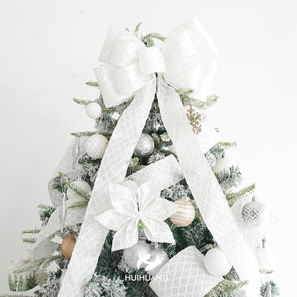 HUIHUANG White Christmas Ribbon 4 inch White Glitter Diamond Mesh Wired Ribbon - Image 3