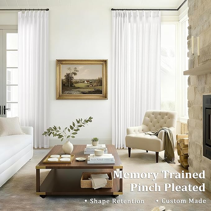 Ivory White 105 Inch Long Curtains Pinch Pleat Memory Shape Trained Linen - Image 2