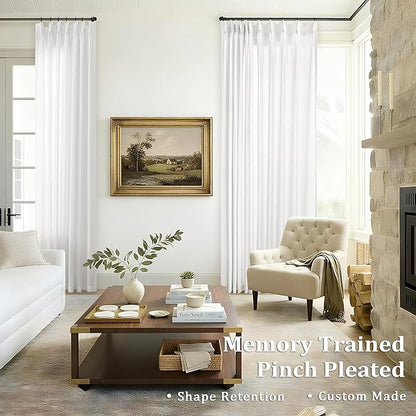 Ivory White 105 Inch Long Curtains Pinch Pleat Memory Shape Trained Linen - Image 2