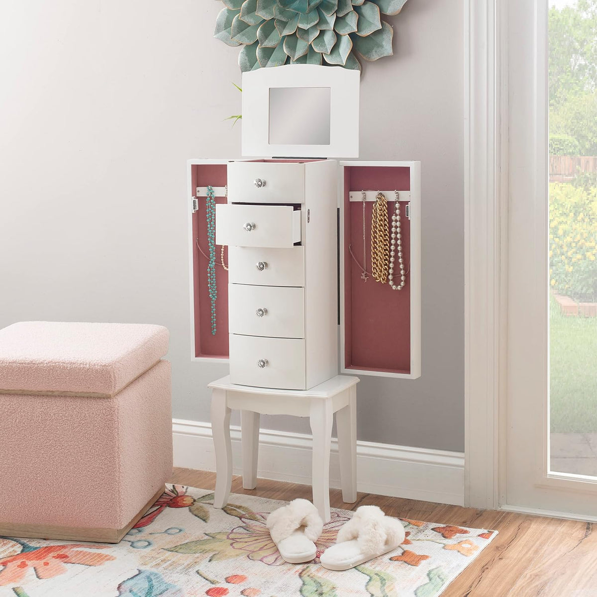 powell furniture jewelry armoire, white, 13"x 9.375"x 35.5", side view