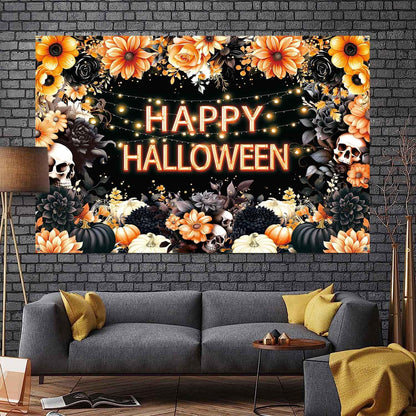 8x6ft Floral Happy Halloween Backdrop Spooky Flower Skull Photography Background Large Black Orange Halloween Party Decorations Wall Banner Indoor Outdoor Photo Booth Props