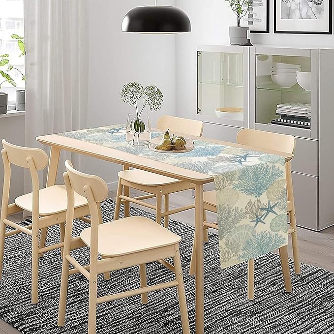 Blue Teal Coral Table Runners, Summer Beach Starfish Coastal Coffee Table - Image 2