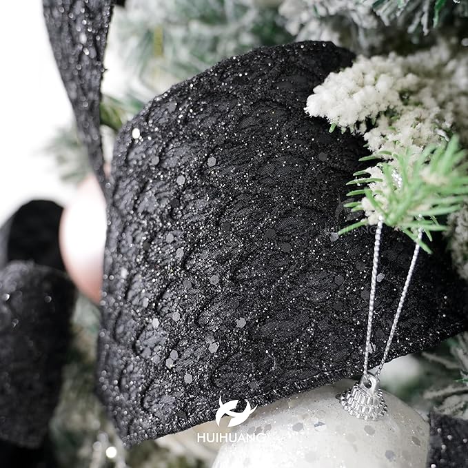 HUIHUANG Black Glitter Wired Ribbon 4 inch Black Christmas Tree Ribbon Diamond - Image 4