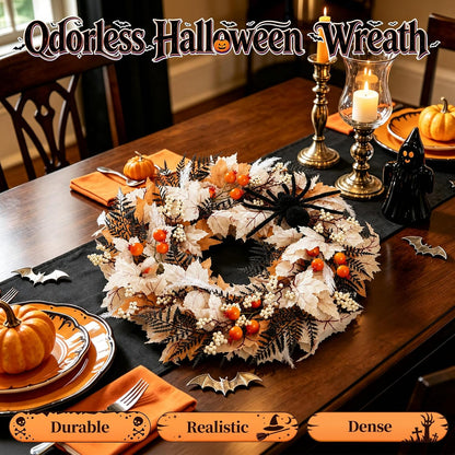 Grooy 24 Inch Halloween Wreath for Front Door with Spider Maple Leaf