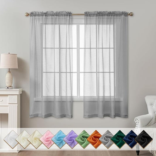 Grey Sheer Curtains 63 Inch Length, Privacy Semi Sheer Curtains by ABLUEN