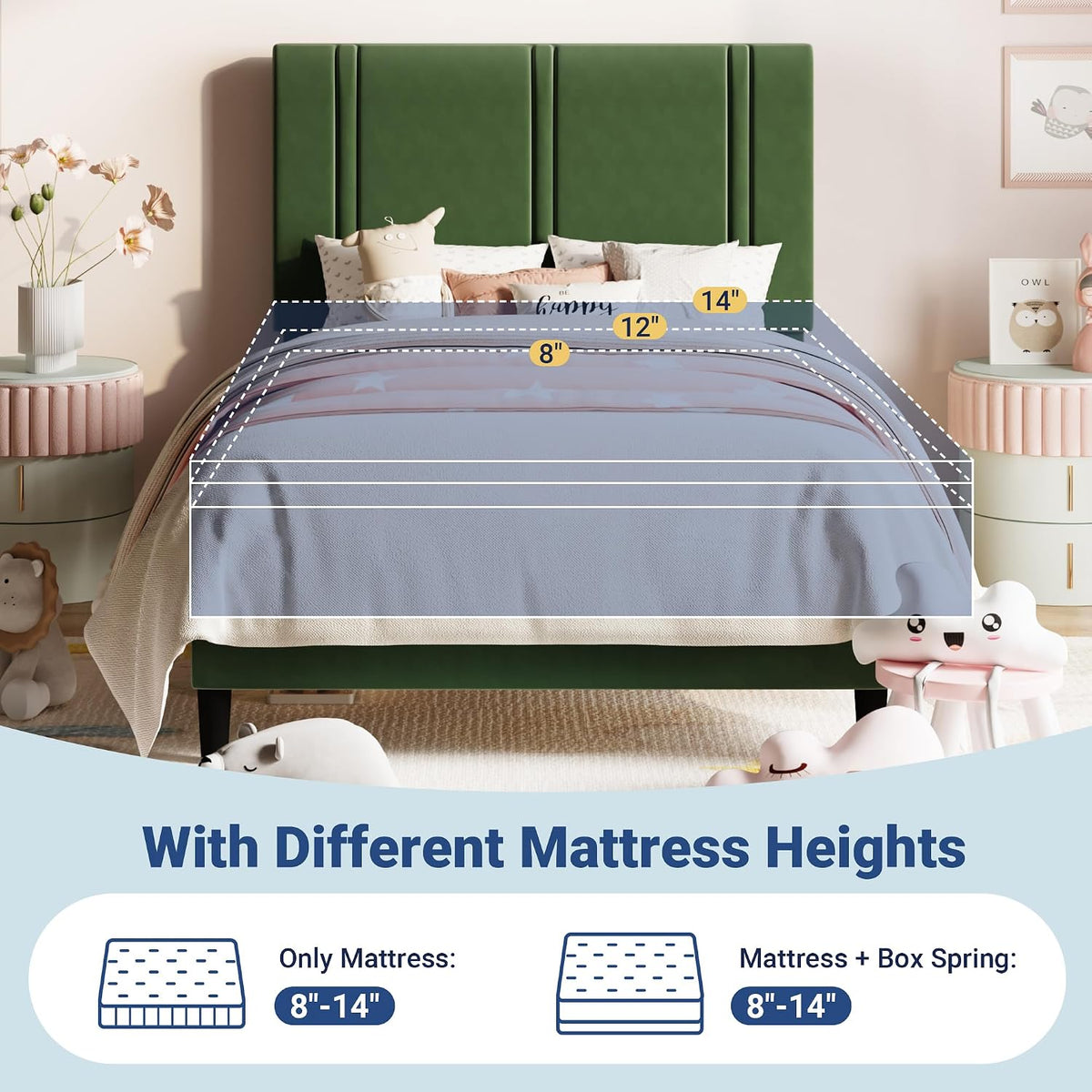 allewie twin platform bed frame with velvet upholstered, front angle view