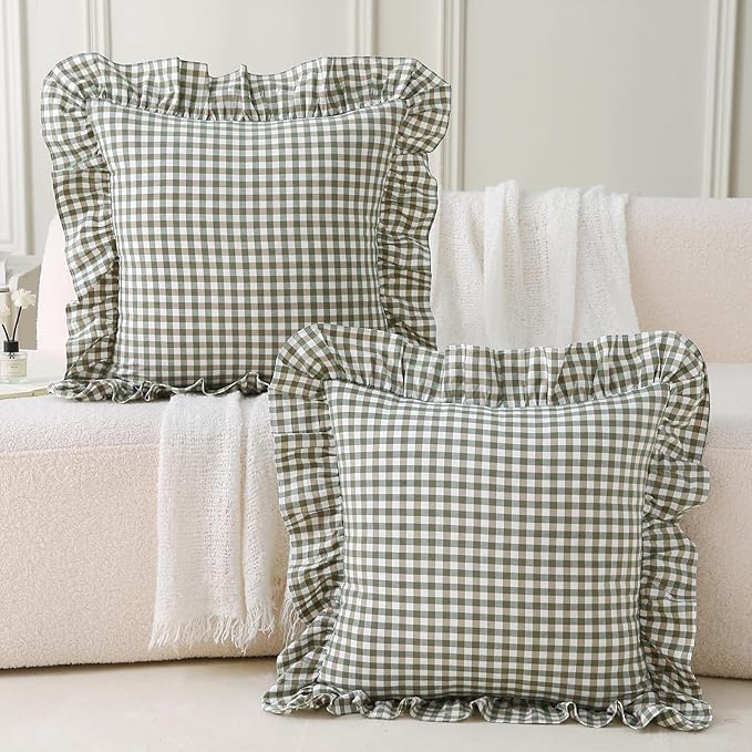 Aryeleay 2 Pack Sage Green White and Brown Plaid Ruffle Throw Pillow Covers - Image 6