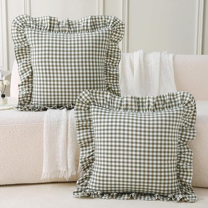 Aryeleay 2 Pack Sage Green White and Brown Plaid Ruffle Throw Pillow Covers - Image 6