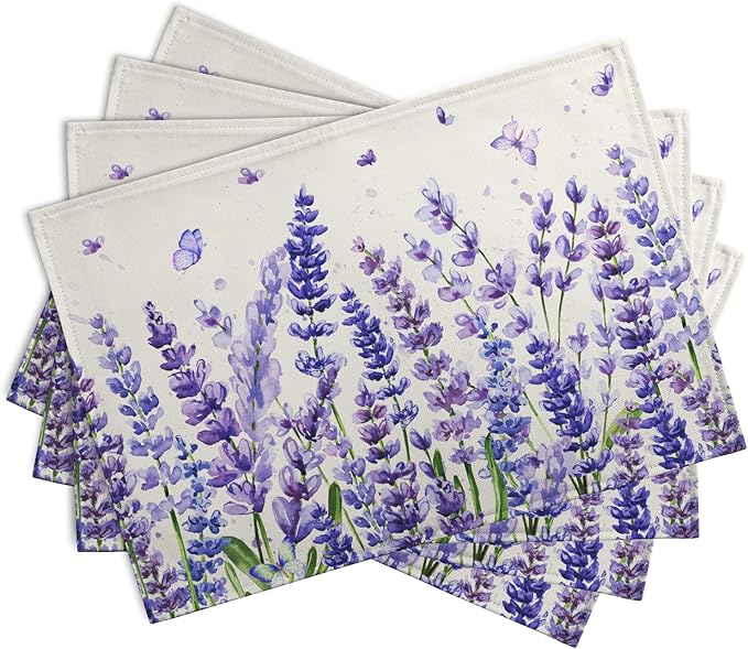 Lavender Placemats Set of 4 Purple Flower Butterfly Linen Fabric Table Mats - Image 2