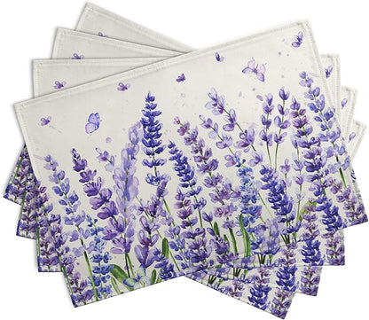 Lavender Placemats Set of 4 Purple Flower Butterfly Linen Fabric Table Mats - Image 2