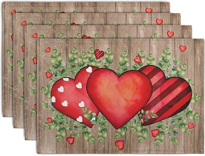 Valentines Day Wooden Plank Placemats Set of 4, 12x18 Inch Valentine Eucalyptus by Wnoesat