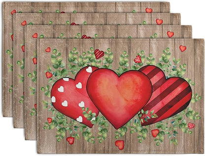 Valentines Day Wooden Plank Placemats Set of 4, 12x18 Inch Valentine Eucalyptus by Wnoesat