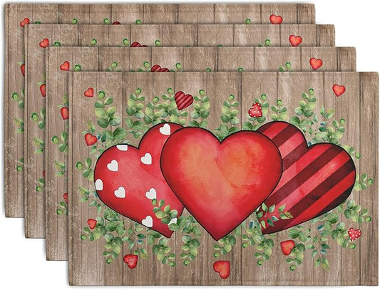 Valentines Day Wooden Plank Placemats Set of 4, 12x18 Inch Valentine Eucalyptus by Wnoesat